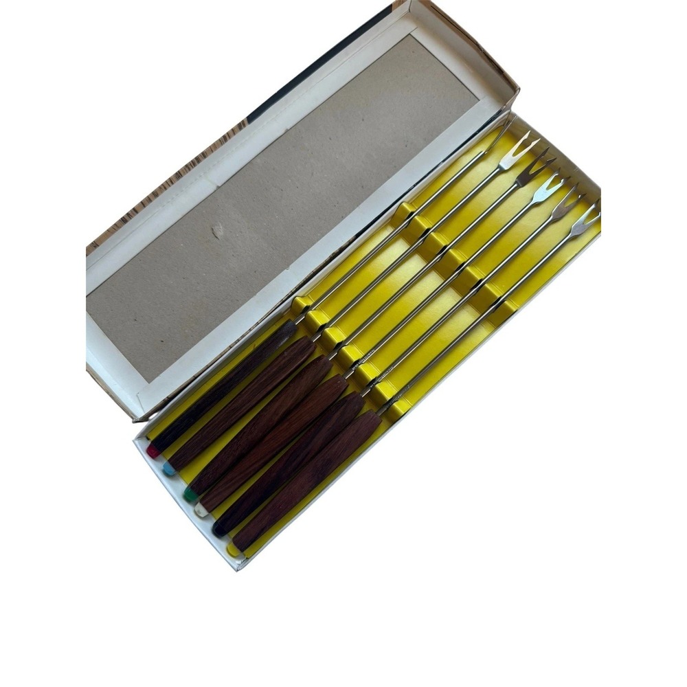 Vintage Stainless Steel Fondue Forks Set of 6 with Wood Handles Color Coded‎